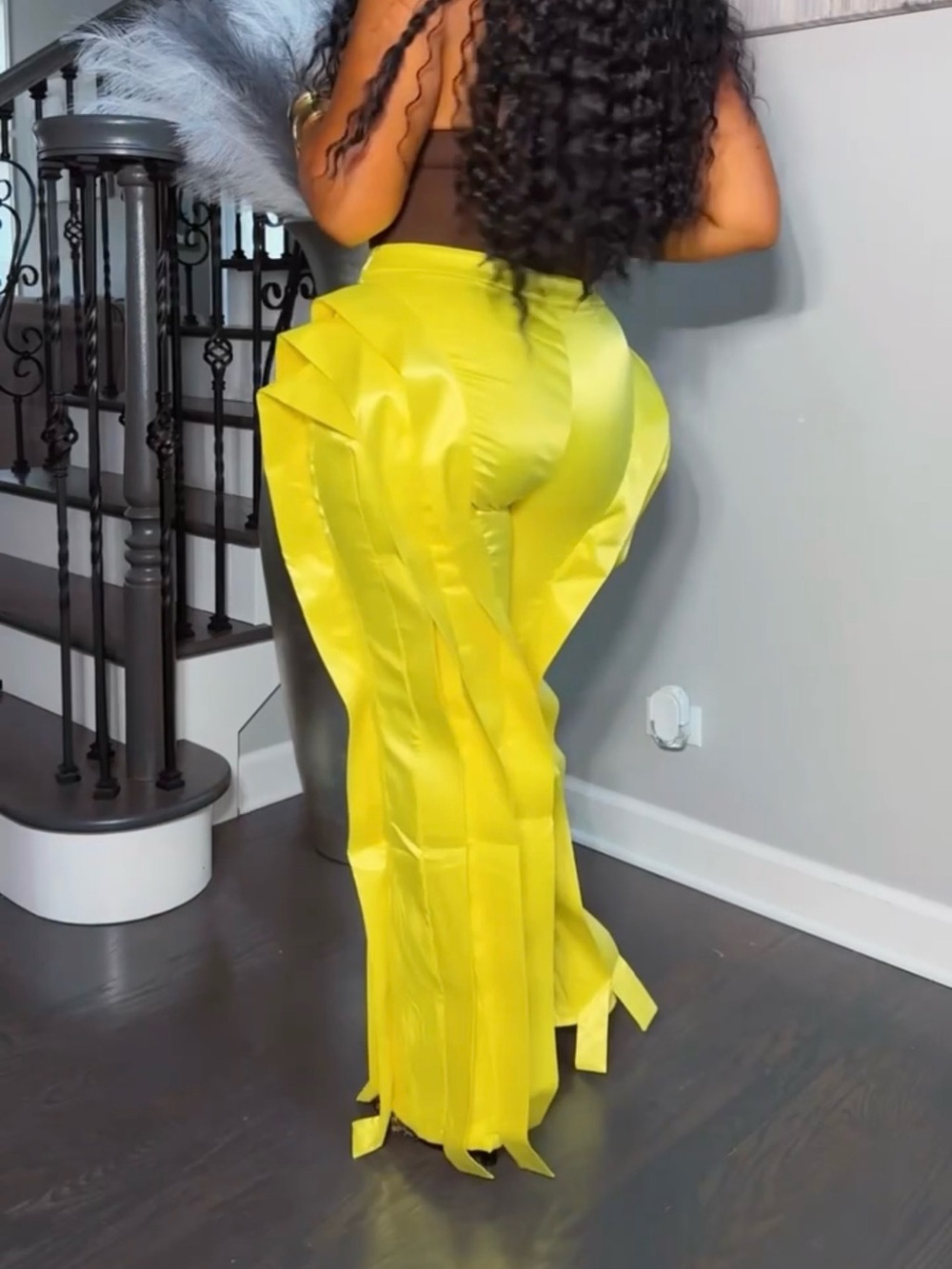 High-Waist Yellow Satin Wide-Leg Pants - Picture 2 of 8